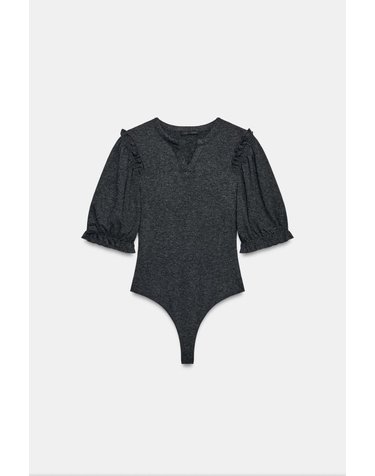 자라 러플 브이넥 7부소매 바디수트 1528/705/922 DARK GREY