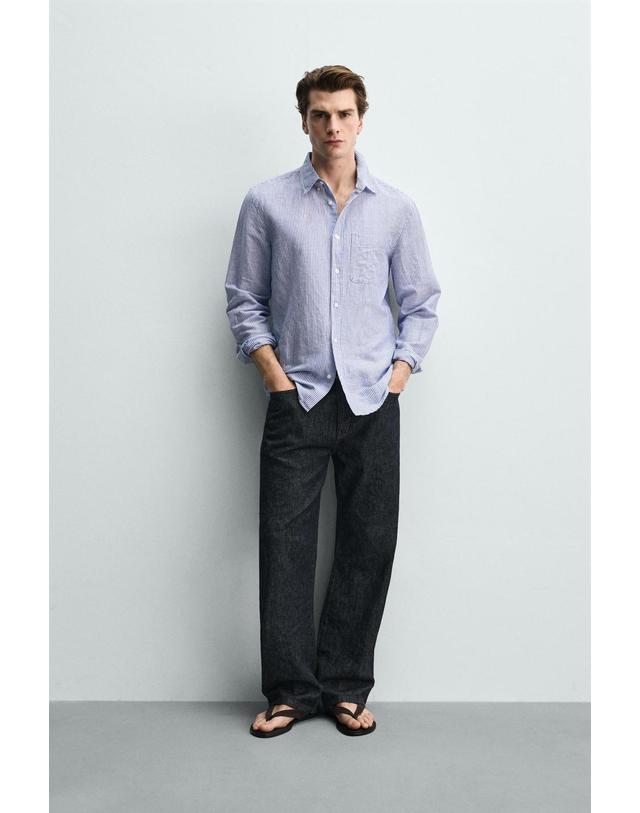 자라 자라 스트라이프 리넨 코튼 레귤러핏 셔츠 1063/411/058 WHITE / SKY BLUE 멀티컬러 착용컷