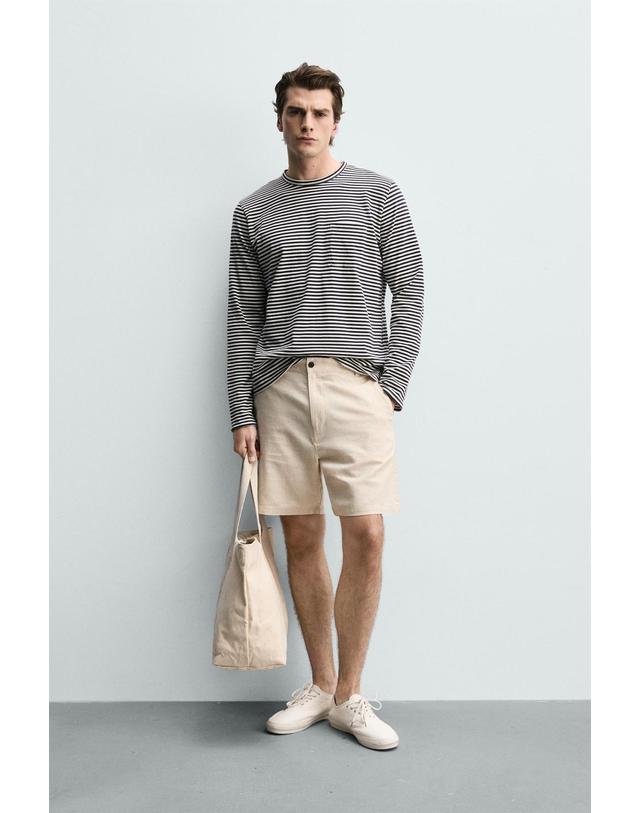 자라 자라 리넨 혼방 텍스처 레귤러핏 버뮤다 쇼츠 1618/450/052 LIGHT BEIGE 베이지 착용컷