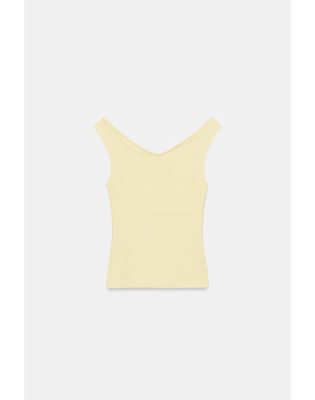 자라 자라 슬림핏 브이넥 오프숄더 티셔츠 2335/179/321 PASTEL YELLOW 노랑 착용컷