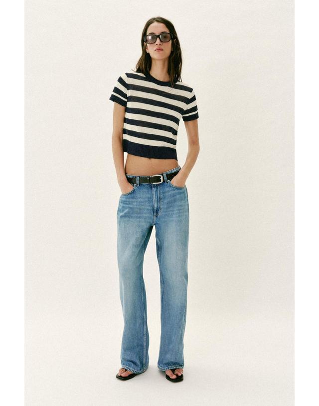 자라 자라 스트라이프 라운드넥 반팔 니트 탑 2142/137/104 STRIPED 블랙 착용컷