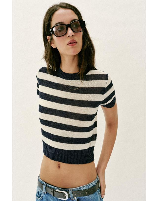 자라 자라 스트라이프 라운드넥 반팔 니트 탑 2142/137/104 STRIPED 블랙 착용컷