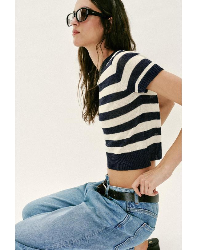 자라 자라 스트라이프 라운드넥 반팔 니트 탑 2142/137/104 STRIPED 블랙 착용컷