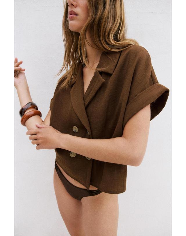 자라 자라 크롭 더블 버튼 반팔 셔츠 4387/221/730 LIGHT BROWN 브라운 착용컷