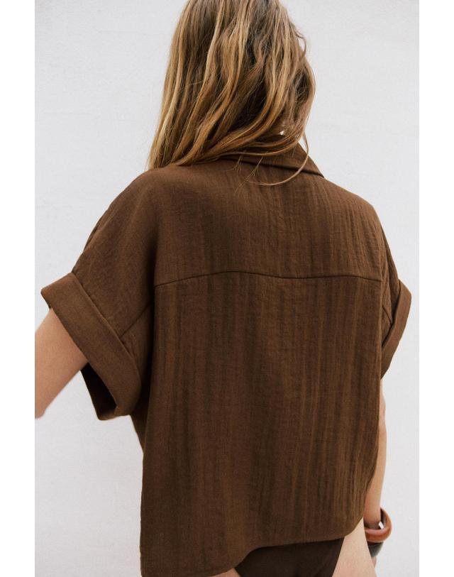 자라 자라 크롭 더블 버튼 반팔 셔츠 4387/221/730 LIGHT BROWN 브라운 착용컷