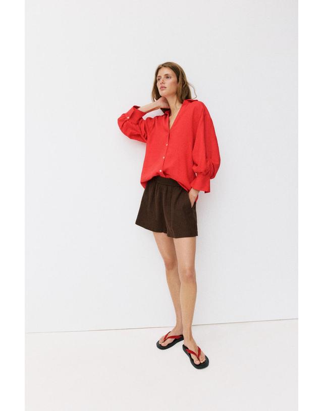 자라 자라 리넨 블렌드 퍼프 슬리브 셔츠 3293/058/600 RED 레드 착용컷
