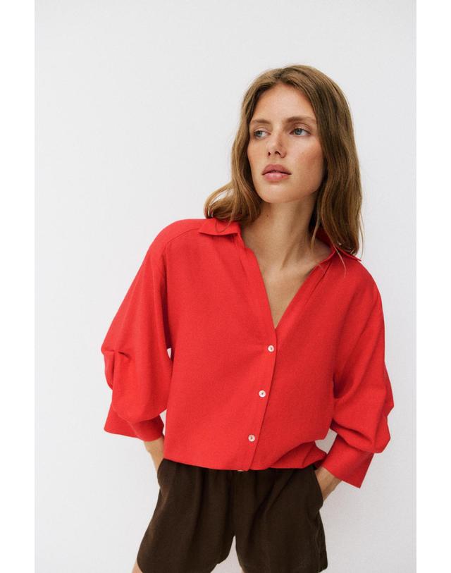 자라 자라 리넨 블렌드 퍼프 슬리브 셔츠 3293/058/600 RED 레드 착용컷