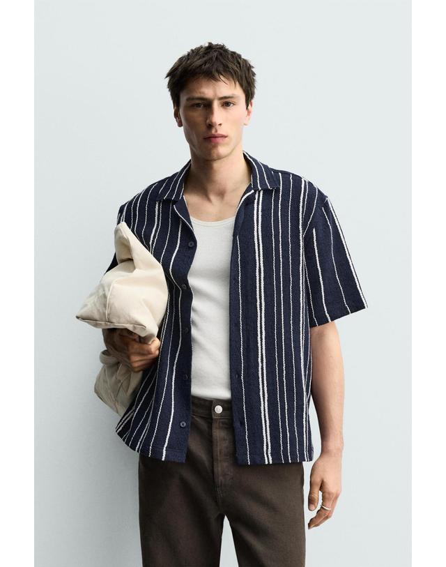 자라 자라 스트라이프 자카드 반팔 셔츠 4187/352/401 NAVY BLUE 네이비 착용컷