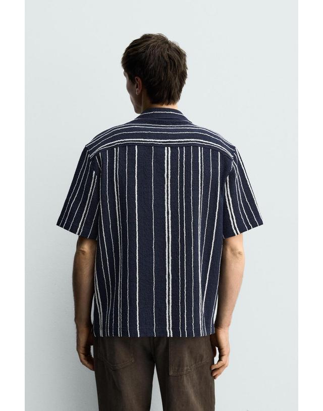 자라 자라 스트라이프 자카드 반팔 셔츠 4187/352/401 NAVY BLUE 네이비 착용컷