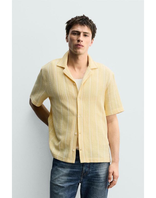 자라 자라 레귤러핏 스트라이프 자카드 반팔 셔츠 4187/352/300 YELLOW 노랑 착용컷