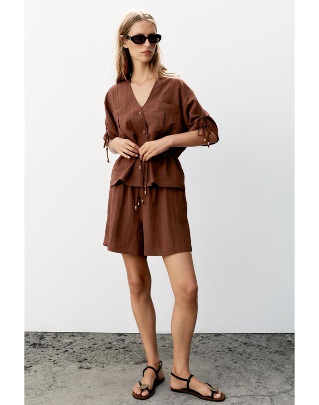 자라 자라 비즈 드로스트링 반팔 사파리 재킷 8372/327/749 DARK RUSSET 브라운 착용컷