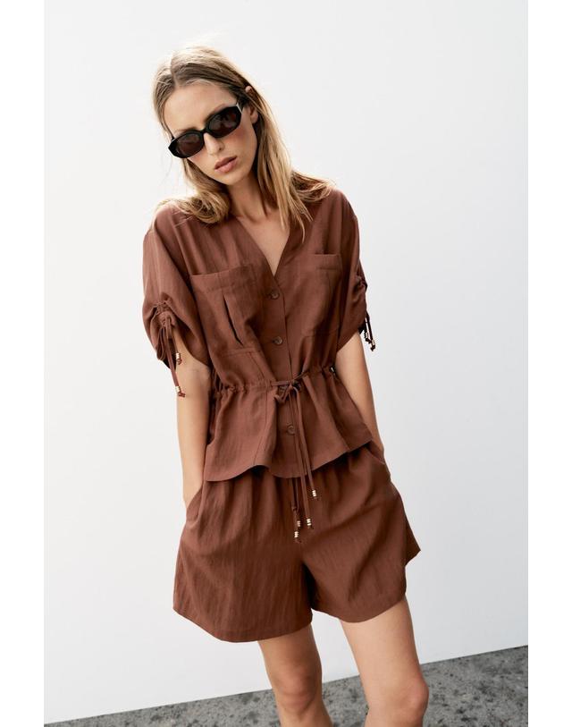 자라 자라 비즈 드로스트링 반팔 사파리 재킷 8372/327/749 DARK RUSSET 브라운 착용컷