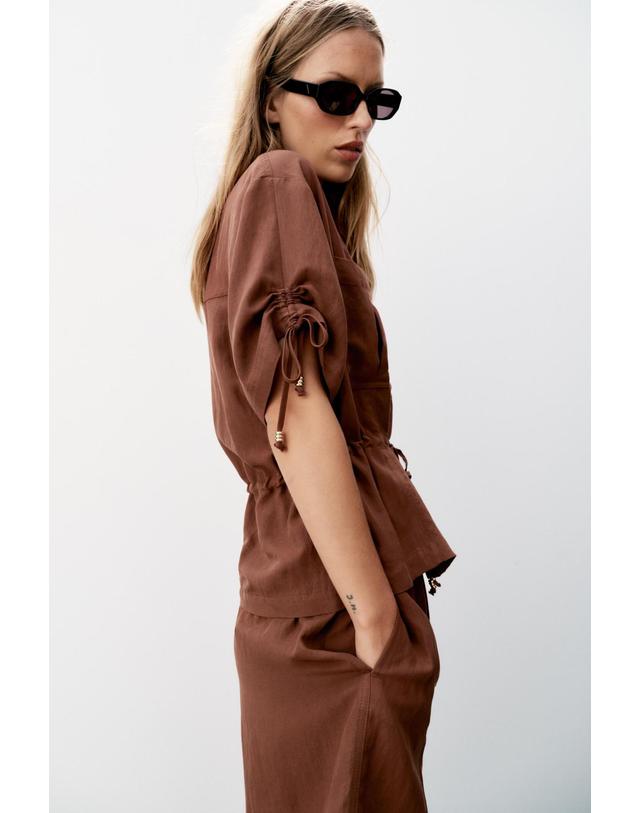 자라 자라 비즈 드로스트링 반팔 사파리 재킷 8372/327/749 DARK RUSSET 브라운 착용컷