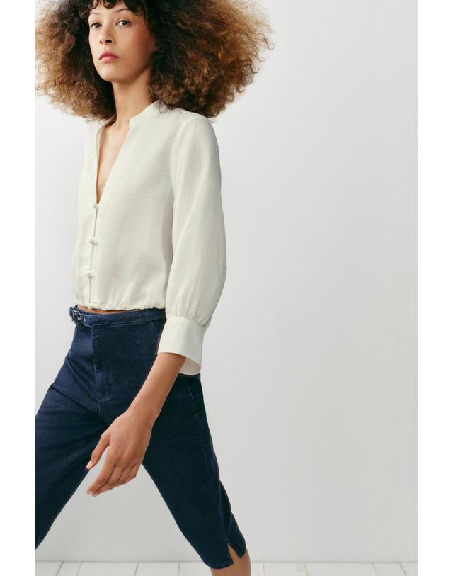 자라 자라 린넨 혼방 브이넥 7부 소매 셔츠 7770/804/250 WHITE 화이트 착용컷