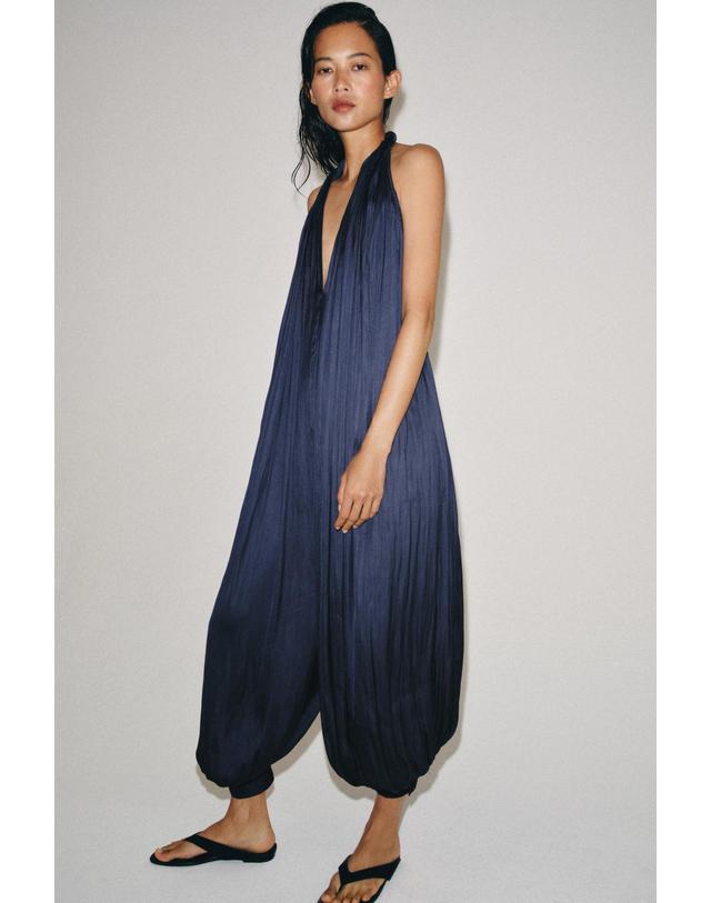 자라 자라 새틴 홀터넥 브이넥 오픈백 점프수트 2223/098/401 NAVY BLUE 네이비 착용컷