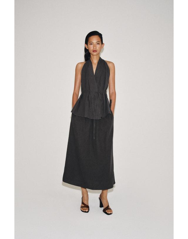 자라 자라 린넨 혼방 플레어 미디 스커트 4043/244/807 ANTHRACITE GREY 그레이 착용컷