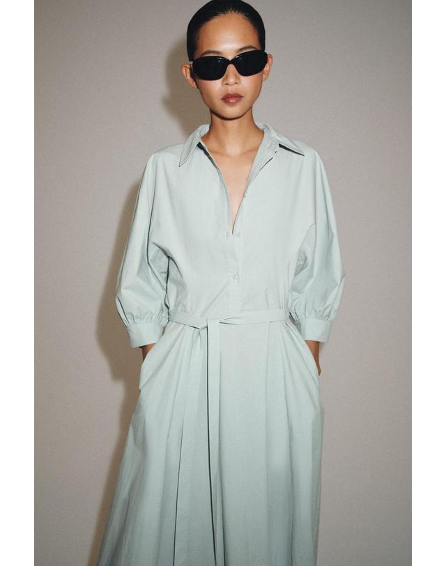 자라 자라 퍼프 소매 플레어 미디 셔츠 원피스 4786/297/428 FADED BLUE 밝은연두 착용컷