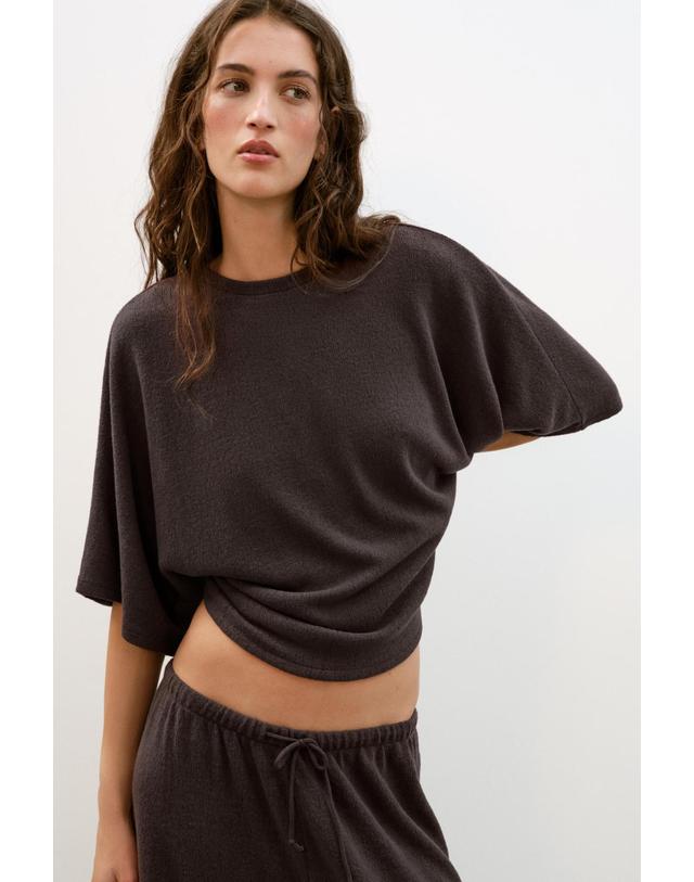 자라 자라 러스틱 라운드넥 와이드 반팔 탑 5067/951/716 DARK BROWN 초콜릿 착용컷