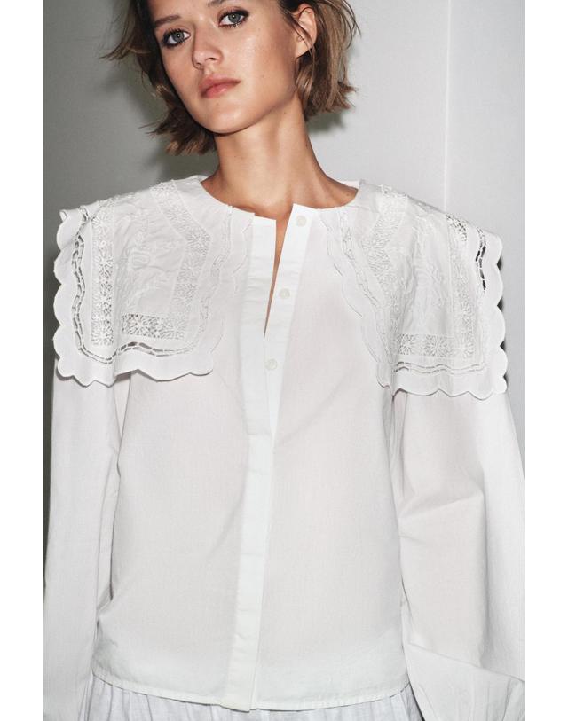 자라 자라 프리미엄 자수 카라 코튼 포플린 블라우스 6895/243/251 OYSTER-WHITE 화이트 착용컷