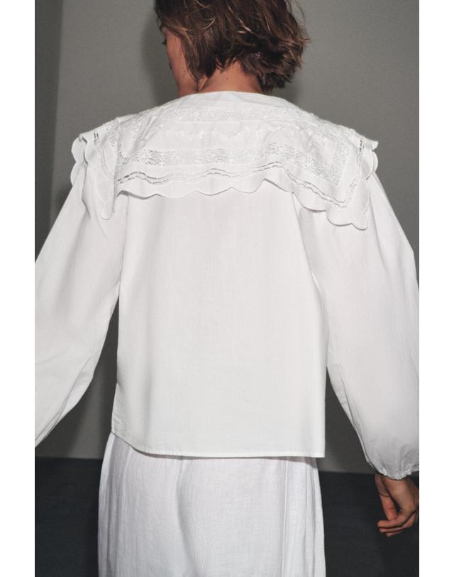 자라 자라 프리미엄 자수 카라 코튼 포플린 블라우스 6895/243/251 OYSTER-WHITE 화이트 착용컷