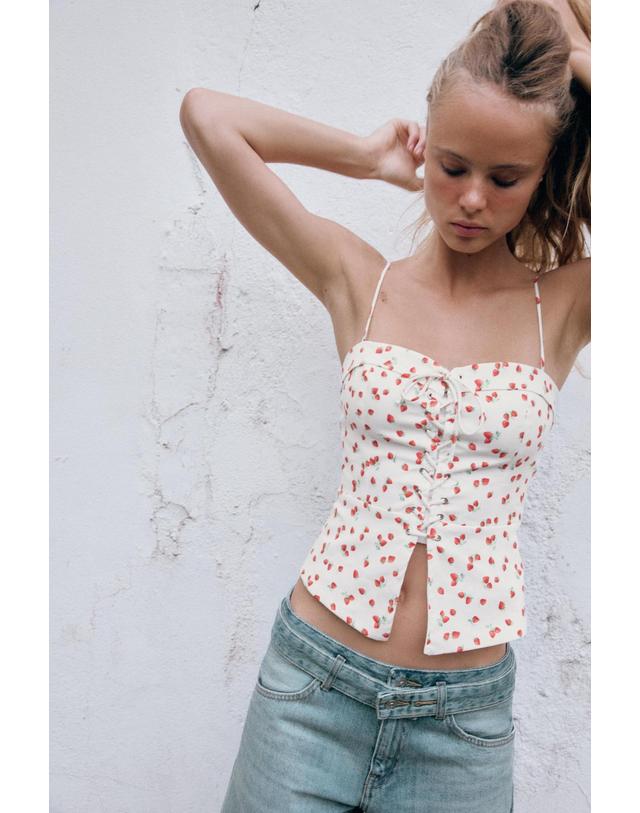 자라 자라 딸기 프린트 하트넥 코르셋 탑 4661/095/061 WHITE / RED 멀티컬러 착용컷