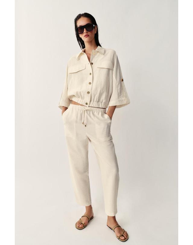 자라 자라 드로스트링 밴딩 크롭 팬츠 7804/876/052 LIGHT BEIGE 아이보리 착용컷