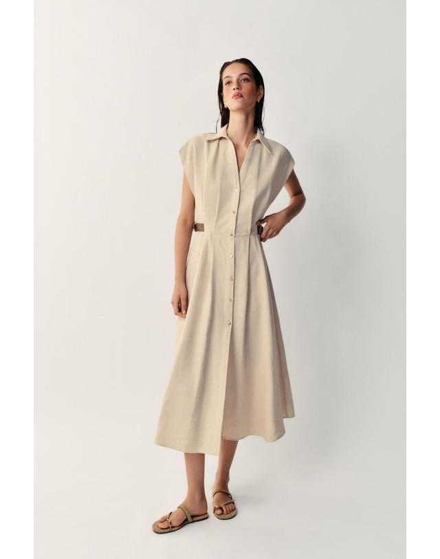 자라 자라 린넨 혼방 브이넥 미디 셔츠 원피스 5029/266/052 LIGHT BEIGE 베이지 착용컷