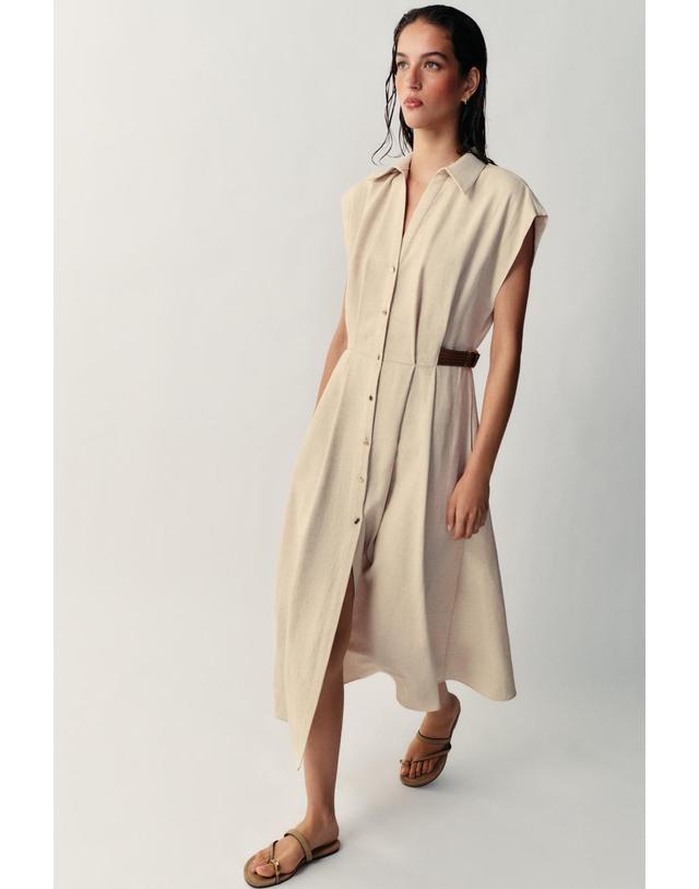자라 자라 린넨 혼방 브이넥 미디 셔츠 원피스 5029/266/052 LIGHT BEIGE 베이지 착용컷