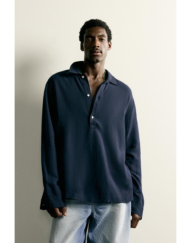 자라 자라 비스코스 린넨 긴팔 폴로셔츠 4333/112/401 NAVY BLUE 네이비 착용컷