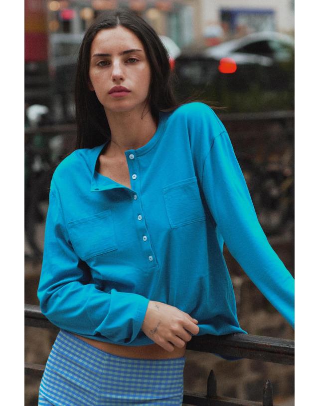 자라 자라 오버핏 헨리넥 포켓 긴팔 티셔츠 5644/801/440 MID-TURQUOISE 블루 착용컷