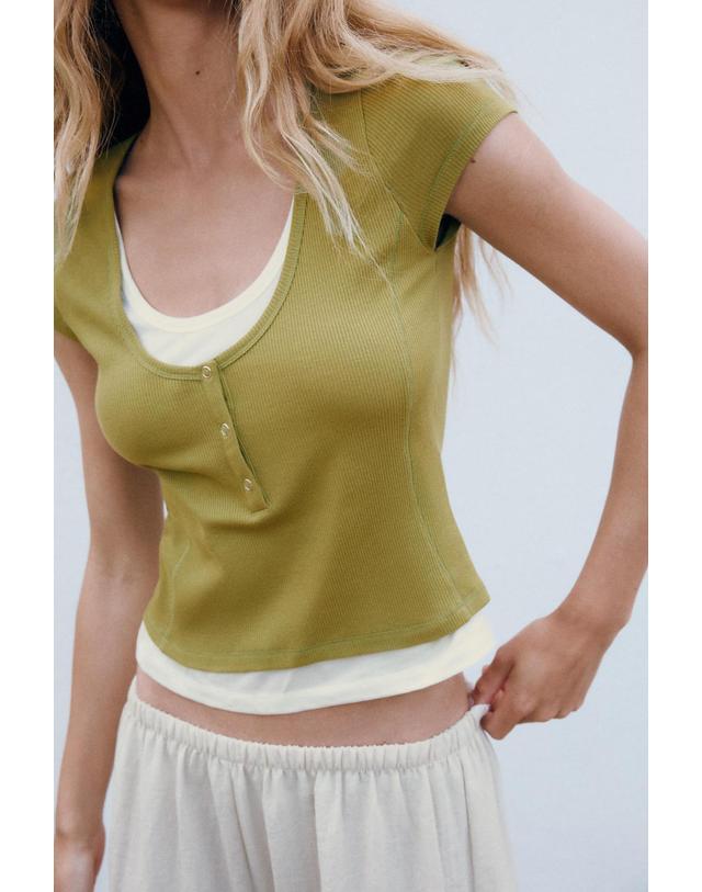 자라 자라 슬림핏 레이어드 헨리넥 반팔 티셔츠 0085/807/506 LIGHT KHAKI 카키 착용컷