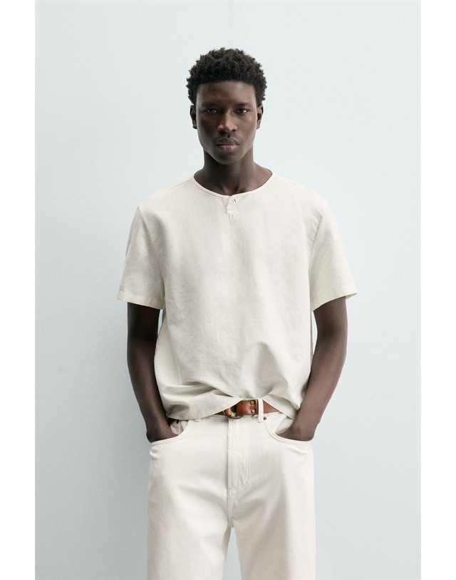 자라 자라 헴프 코튼 헨리넥 반팔 셔츠 3692/305/251 OYSTER-WHITE 아이보리 착용컷