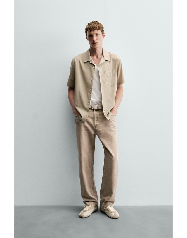 자라 자라 코튼 보일 볼링 칼라 반팔 셔츠 4008/509/832 TAUPE GREY 베이지 착용컷