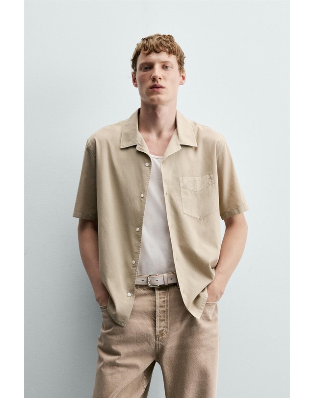 자라 자라 코튼 보일 볼링 칼라 반팔 셔츠 4008/509/832 TAUPE GREY 베이지 착용컷