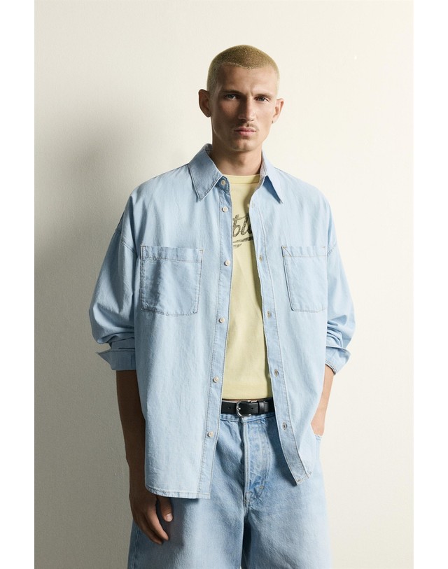 자라 자라 릴렉스핏 워시드 데님 긴팔 셔츠 3991/323/406 LIGHT BLUE 블루 착용컷