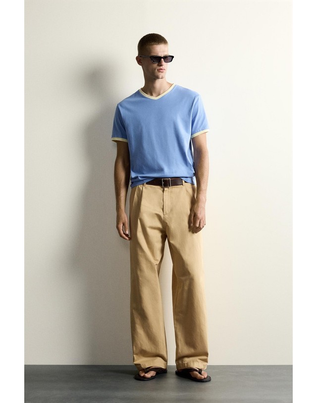 자라 자라 브이넥 골지 트림 반팔 티셔츠 5584/324/427 MID-BLUE 블루 착용컷