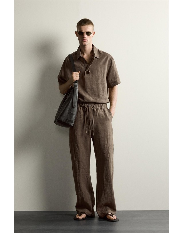 자라 자라 박시핏 린넨 반팔 폴로셔츠 2634/324/737 BROWN / TAUPE 초콜릿 착용컷