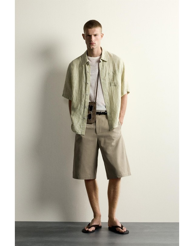 자라 자라 린넨 자카드 스트라이프 반팔 셔츠 3715/349/526 LIGHT GREEN 그린 착용컷