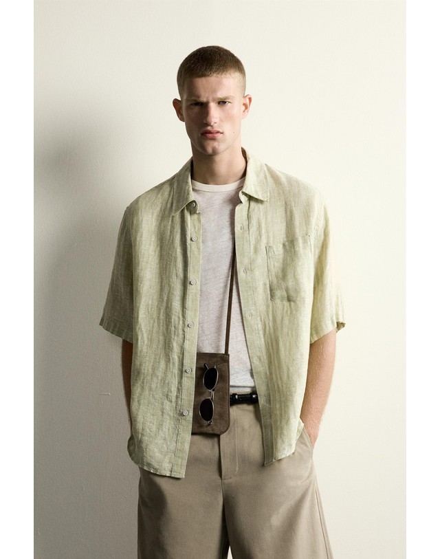자라 자라 린넨 자카드 스트라이프 반팔 셔츠 3715/349/526 LIGHT GREEN 그린 착용컷