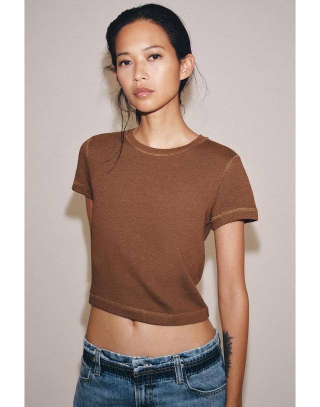 자라 자라 슬림핏 라운드넥 린넨 혼방 반팔 티셔츠 3431/156/614 BURNT ORANGE 오렌지 착용컷