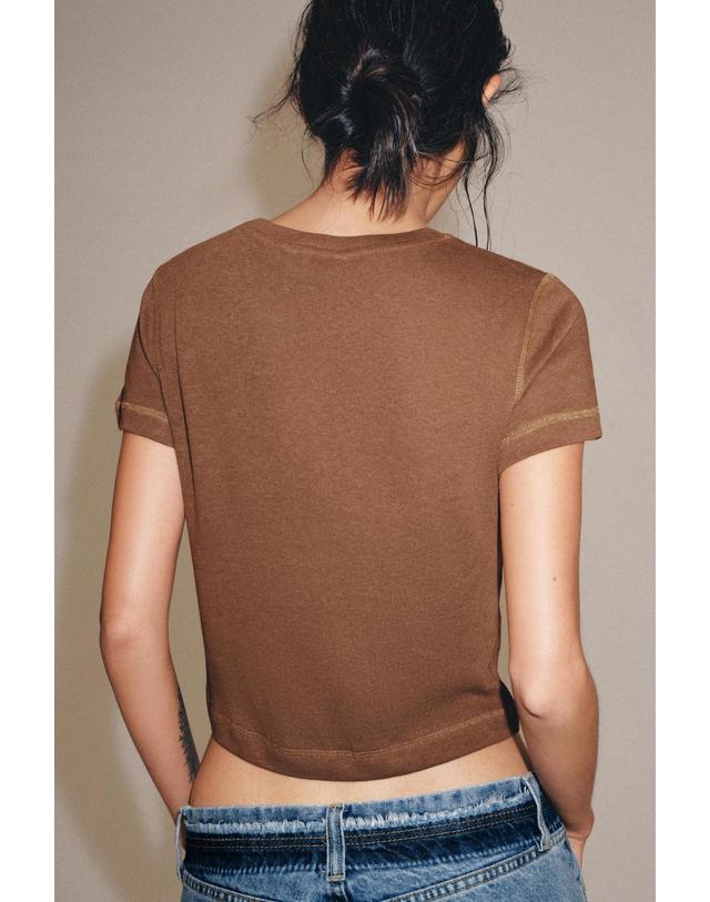 자라 자라 슬림핏 라운드넥 린넨 혼방 반팔 티셔츠 3431/156/614 BURNT ORANGE 오렌지 착용컷