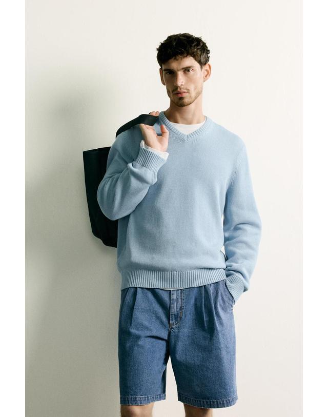 자라 자라 브이넥 코튼 린넨 니트 스웨터 2632/309/406 LIGHT BLUE 블루 착용컷