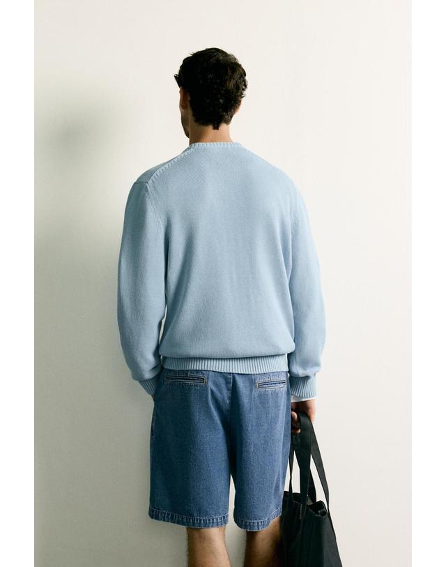자라 자라 브이넥 코튼 린넨 니트 스웨터 2632/309/406 LIGHT BLUE 블루 착용컷