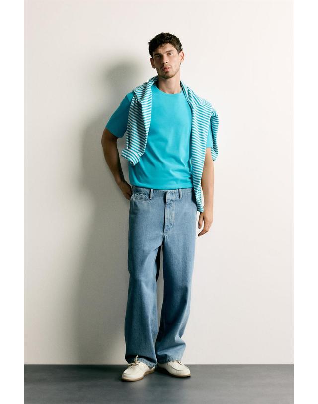 자라 자라 릴렉스핏 립 라운드넥 반팔 티셔츠 4092/443/440 MID-TURQUOISE 밝은연두 착용컷