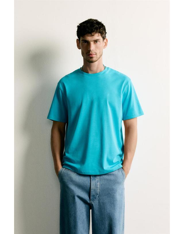 자라 자라 릴렉스핏 립 라운드넥 반팔 티셔츠 4092/443/440 MID-TURQUOISE 밝은연두 착용컷