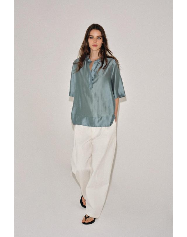 자라 자라 라운드넥 반팔 버튼 블라우스 4786/296/819 BLUE GREY 블루 착용컷