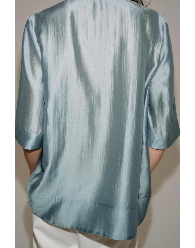 자라 자라 라운드넥 반팔 버튼 블라우스 4786/296/819 BLUE GREY 블루 착용컷
