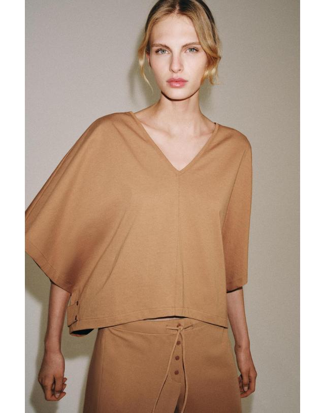 자라 자라 케이프 스타일 코튼 반팔 티셔츠 0085/701/756 MID-CAMEL 카멜 착용컷