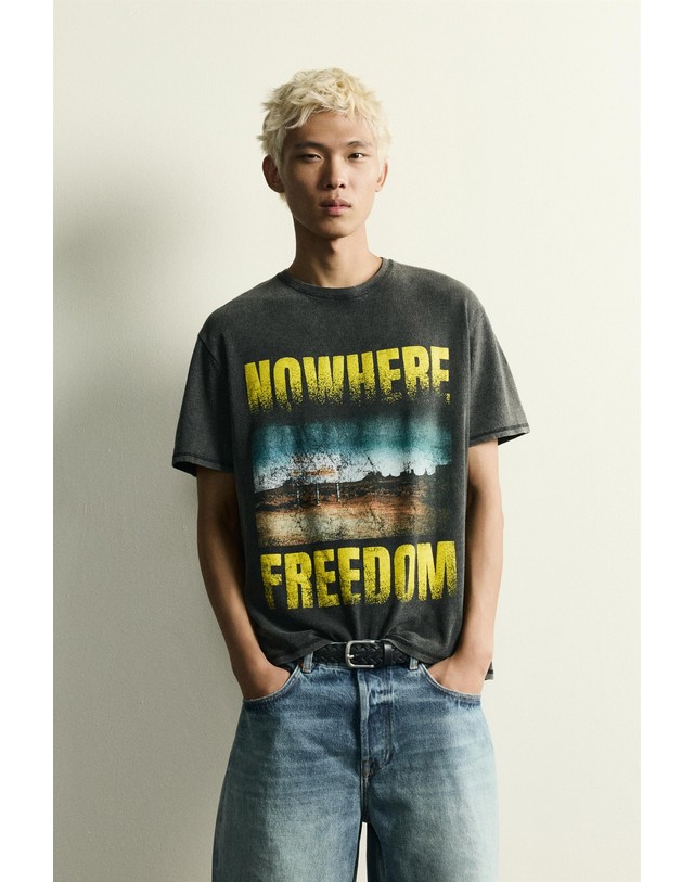 자라 자라 워시드 프린트 라운드넥 반팔 니트 티셔츠 4805/316/800 BLACK 그레이 착용컷