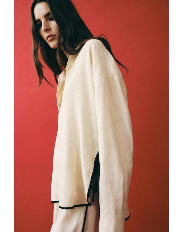 자라 자라 100% 린넨 파이핑 긴팔 셔츠 4043/010/710 BEIGE 베이지 착용컷